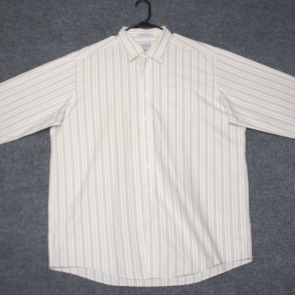 LL Bean Button Down Shirt Mens 18-36 White Striped Wrinkle Resistant Cotton